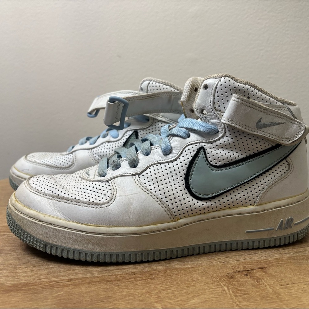 Woman’s Nike AF1 High White Blue Strap Rare Tongue Graphic Sneaker